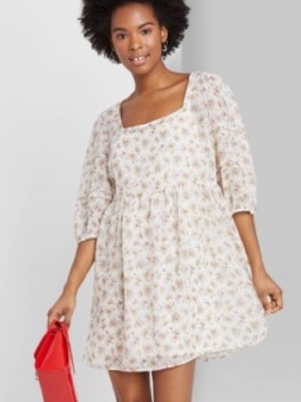 NWOT WILD FABLE Cream Floral Square-Neck Mini Dress with Puff Sleeves, Lined